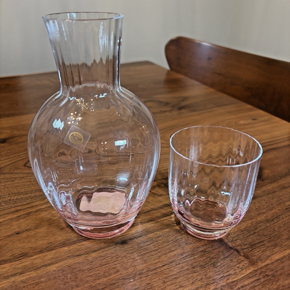 Bedside Carafe Glass Bottle & Cup Clear Pink Water Juice Set Made in Hungary